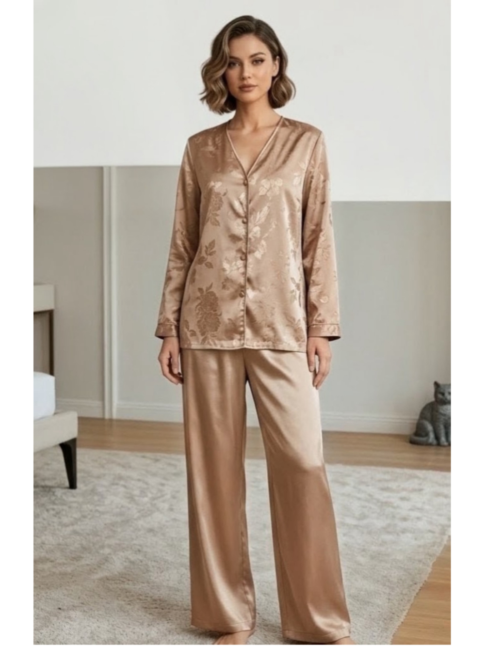 Vintage Inner Most Satin Floral Jacquard 2 Peice Pajama Set. M